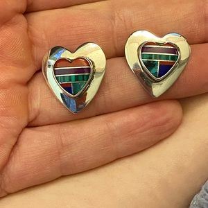 Vintage & native inlay 925 Sterling Silver heart earrings